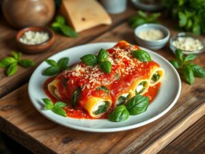 Canelone de Ricota e Espinafre com Molho de Tomate e Queijo